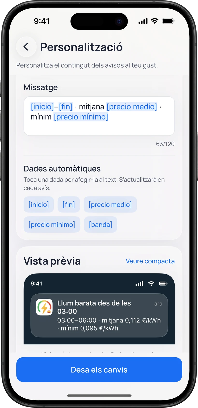 Personalització dels avisos: el missatge amb dades automàtiques i la previsualització de la notificació amb el títol propi