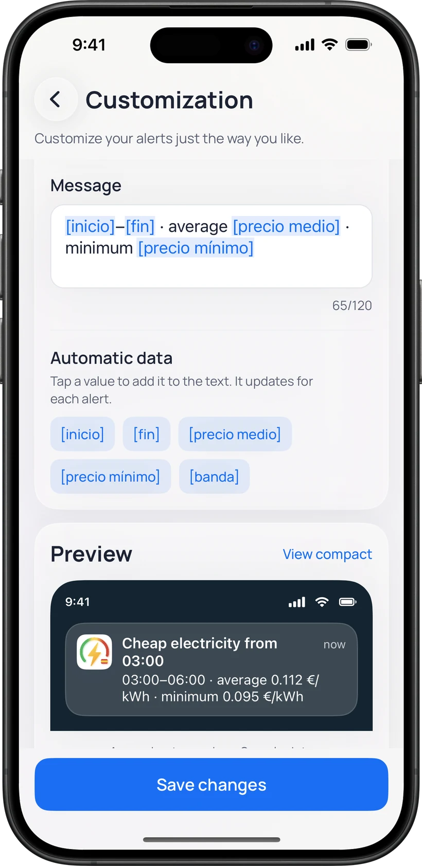 Customize alerts: the message with automatic data and the notification preview with a custom title