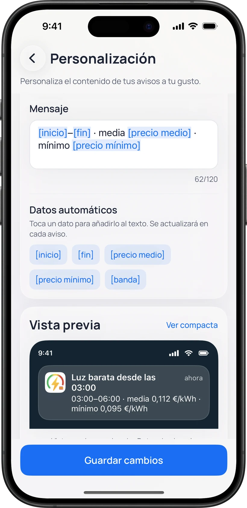 Personalización de avisos: el mensaje con datos automáticos y la vista previa de la notificación con el título propio