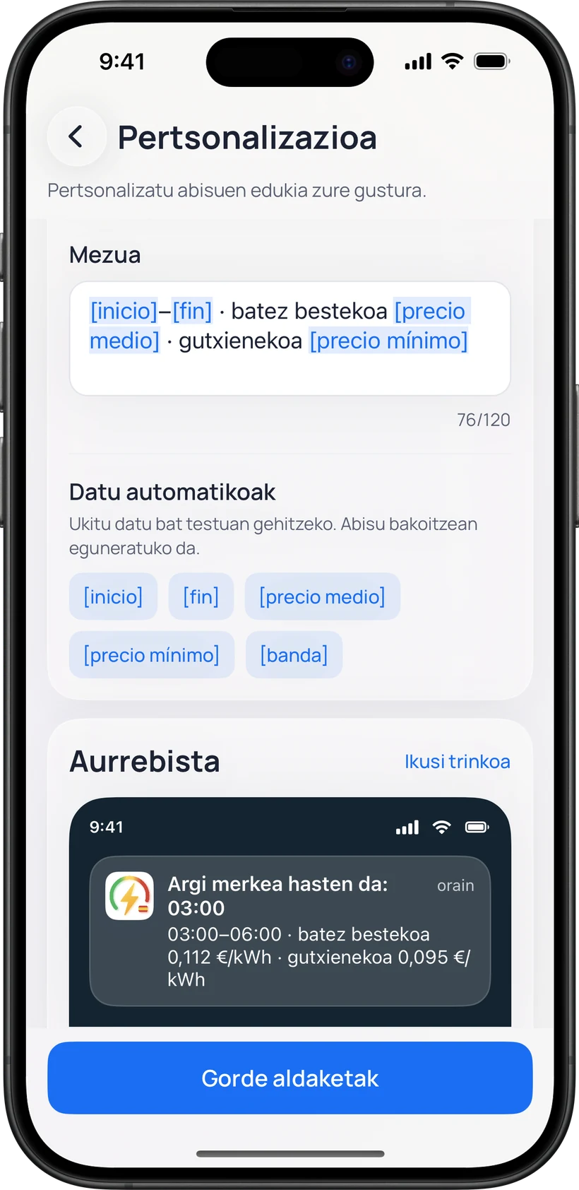 Abisuen pertsonalizazioa: datu automatikoak dituen mezua eta izenburu propioa duen jakinarazpenaren aurrebista